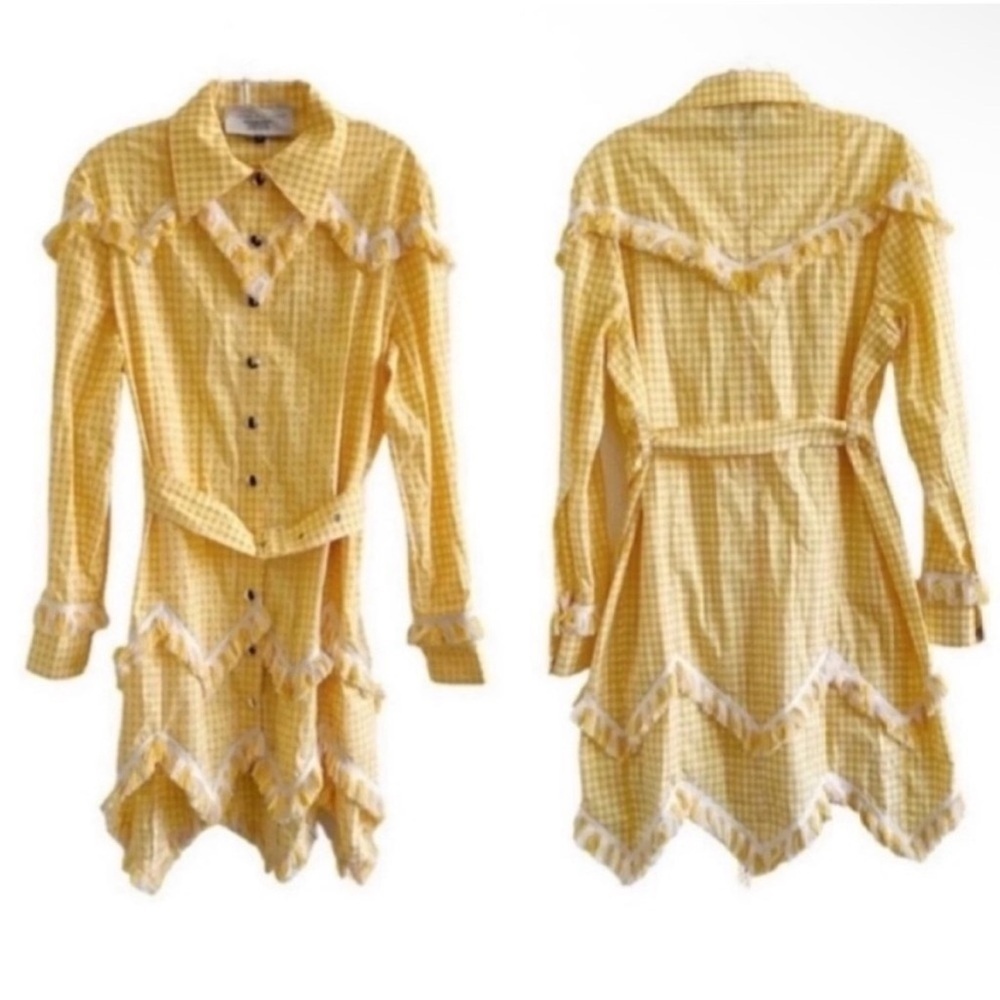 Victoria Tomas Long Sleeve Belted Gingham Fringe Dress